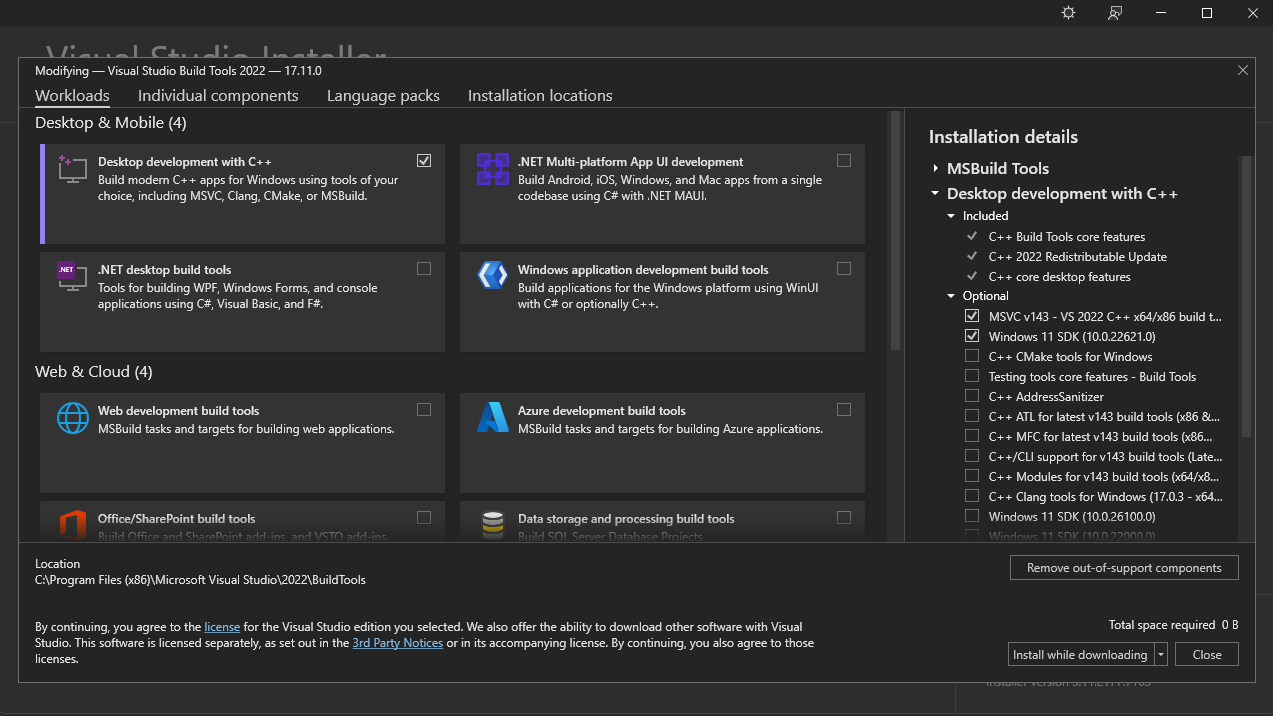 Microsoft Installer with Desktop development with C++, MSVC, and Windows SDK checked