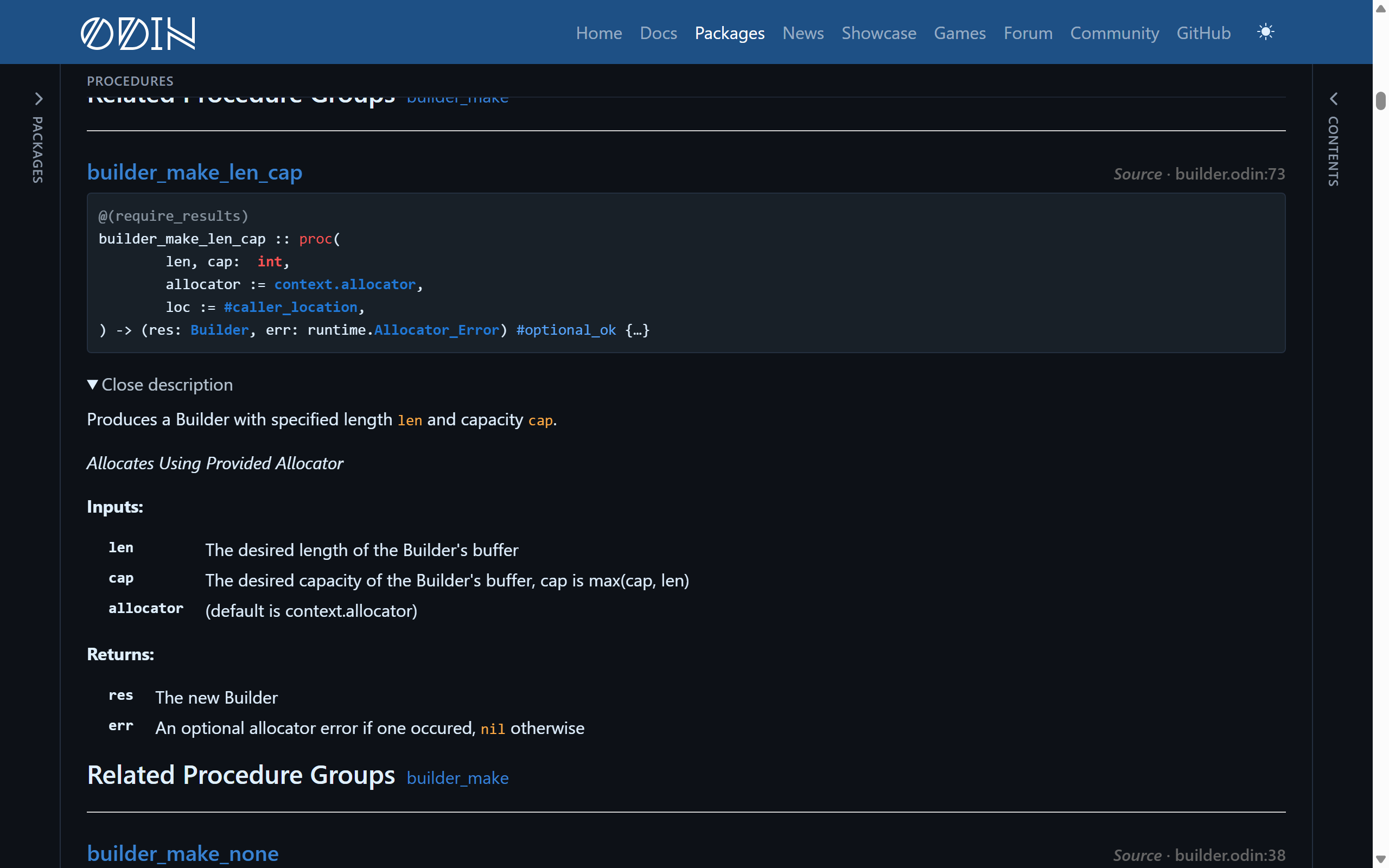 A package page with both sidebars collapsed