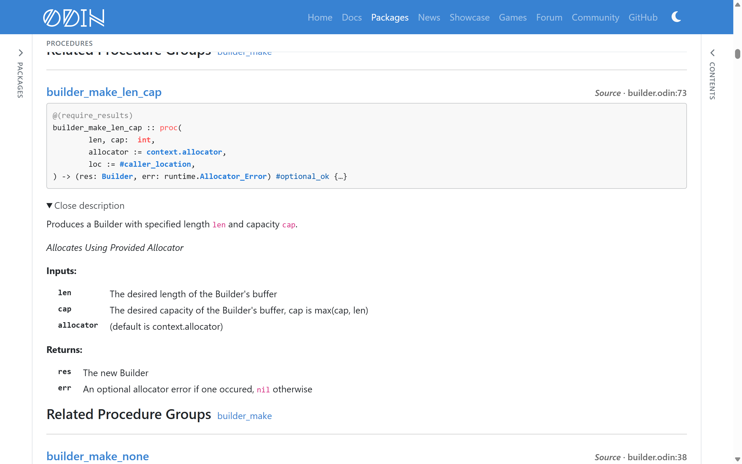 A package page with both sidebars collapsed